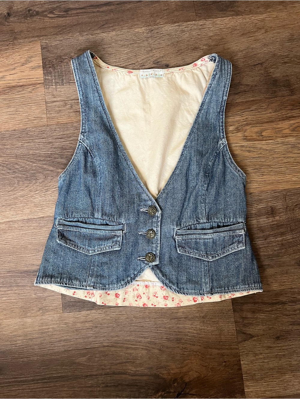 Kimchi Blue Denim Vest with Cream Floral Lining 100% Cotton Coastal Cowgirl